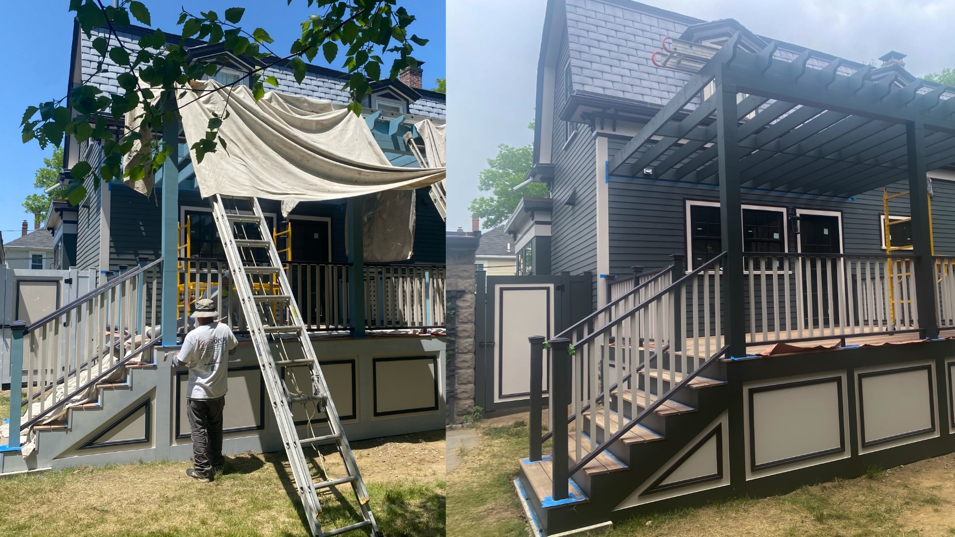 Before and after deck and pergola painting by Lima Painting in Greater Boston MA