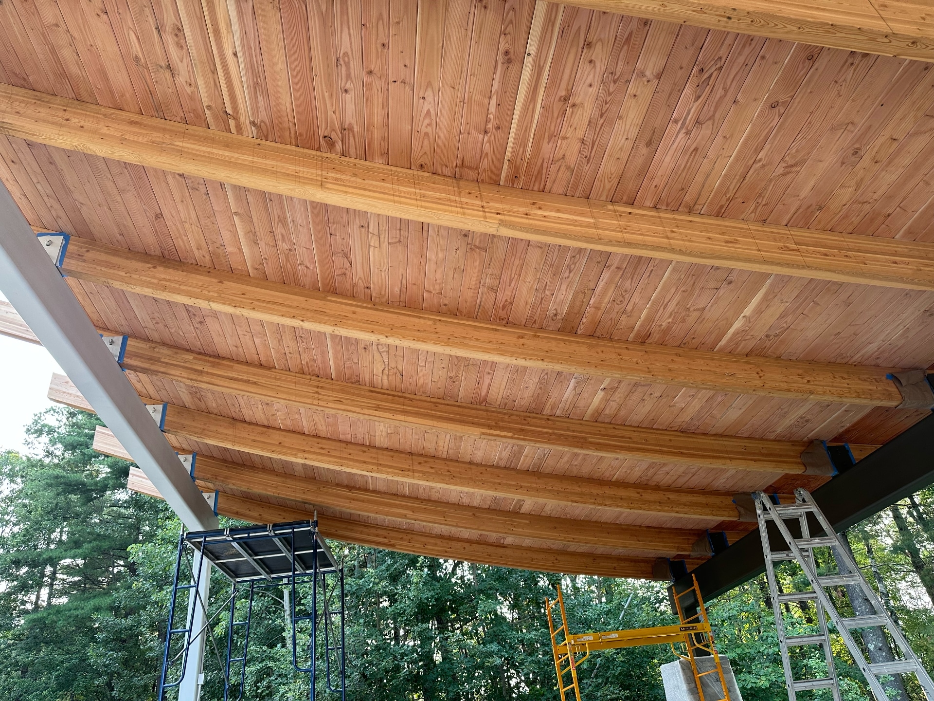 Professional exterior wood staining on cedar ceiling and beams by Lima Painting
