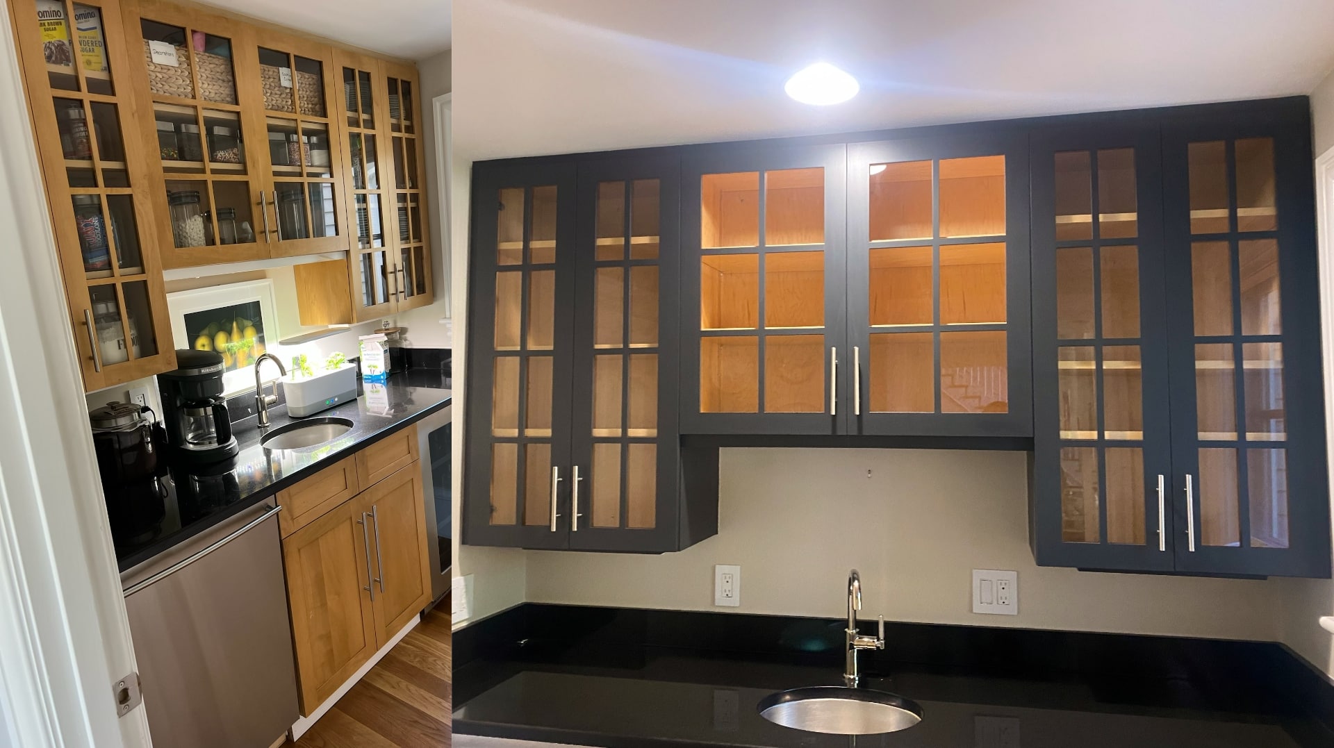 Before and after kitchen cabinet painting from oak to charcoal gray by Lima Painting in Greater Boston MA