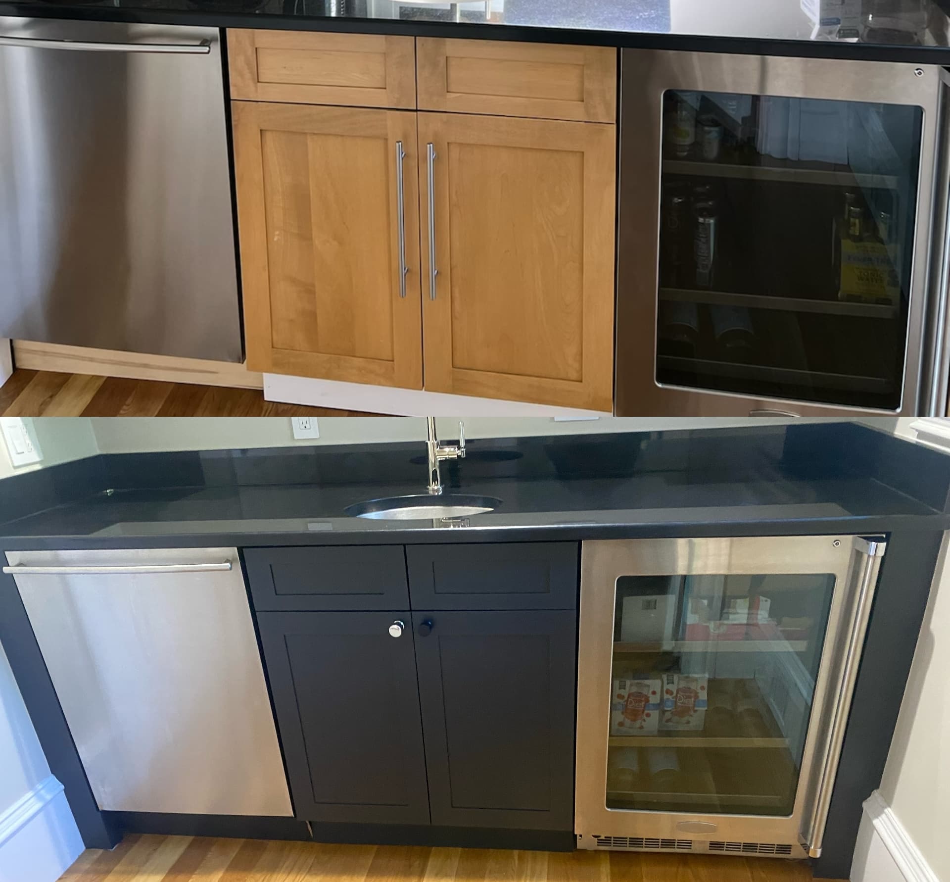 Before and after kitchen cabinet painting from natural maple to navy blue by Lima Painting in Greater Boston MA